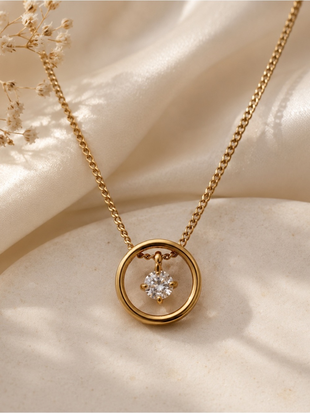 Gold Plated Circle Pendant Necklace with Clear Crystal